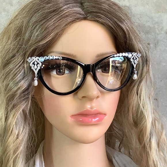 🌸 BLING CLEAR GLASSES DIAMOND RHINESTONE PEARL - Picture 3 of 9